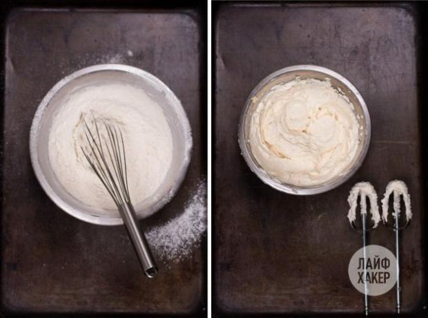 Para fazer biscoitos com recheio de chocolate à la fondant, misture a mistura de farinha em uma tigela e a manteiga na outra.