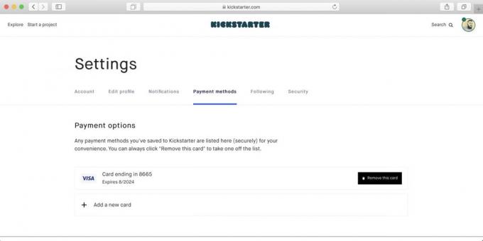 Como comprar no Kickstarter: em seguida, o cartão irá aparecer na lista de métodos de pagamento disponíveis