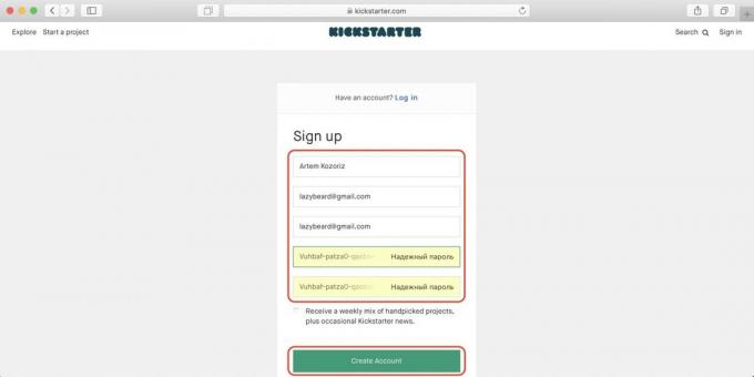 Como comprar no Kickstarter: digite um nome, e-mail e senha e, em seguida, clique no botão verde