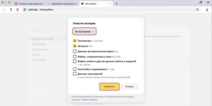 como limpar o histórico do navegador em Yandex