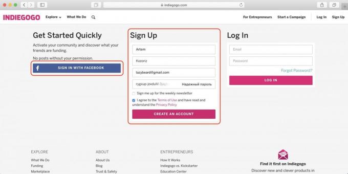 Como comprar em Indiegogo: digite o nome, e-mail e senha ou login no Facebook