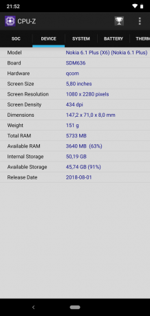 Revisão da Nokia 6.1 Plus: CPU-Z (continuação)