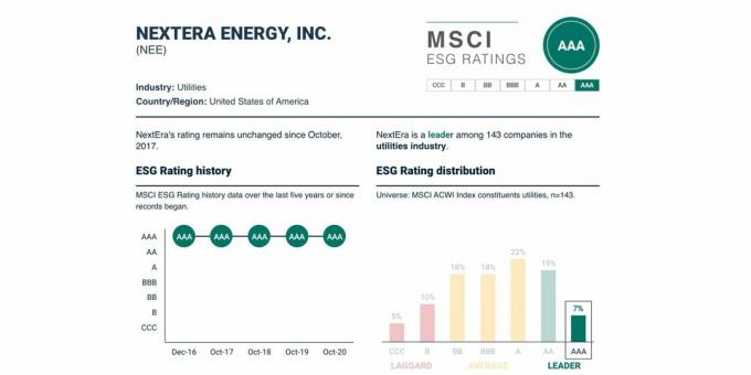 Classificação ESG e sua dinâmica para NextEra Energy, $ NEE, maio de 2021.