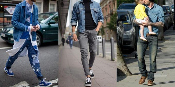 Venda do verão de vestuário e calçado para homens: camisas jeans e jaquetas