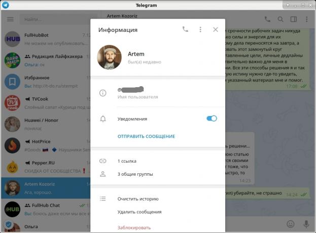 As referências à Telegram: link no perfil do adversário