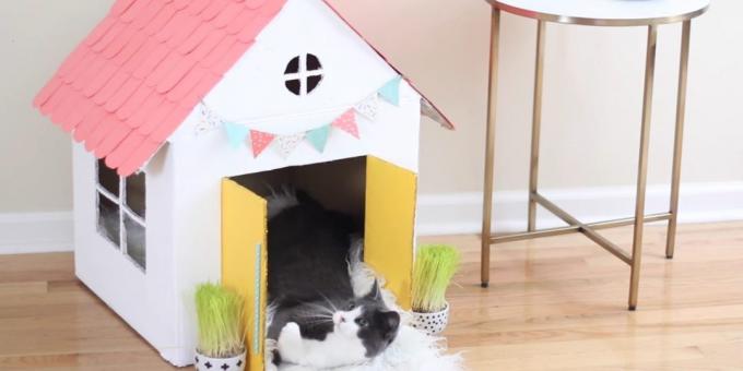 Como fazer uma casa de um andar para um gato com suas próprias mãos: pendurar bandeiras e maçanetas