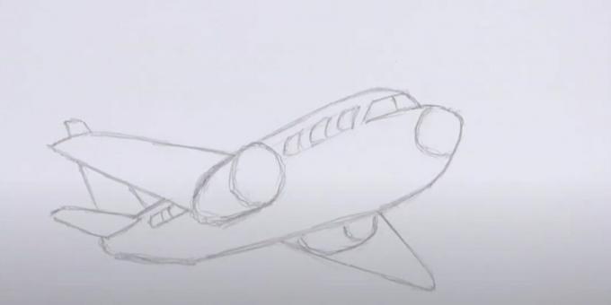 Como desenhar um avião: desenhe as vigias, o vidro e o motor