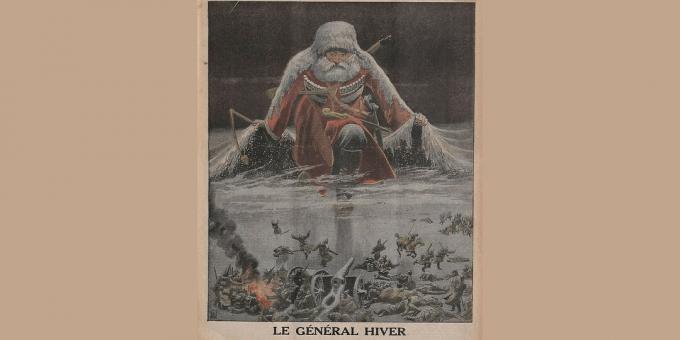 História do Império Russo: "O General Winter está avançando sobre o exército alemão", ilustração de Louis Bomblay do Le Petit Journal, janeiro de 1916. 