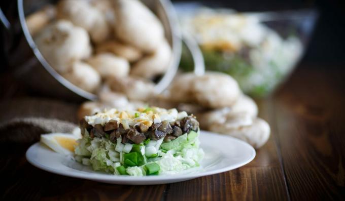 Salada com cogumelos fritos e couve chinesa