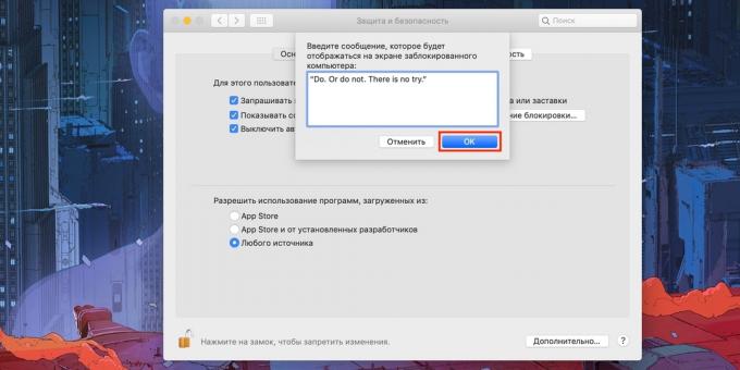 Mensagens na tela Mac Lock: Digite o texto que deseja e confirme com "OK"