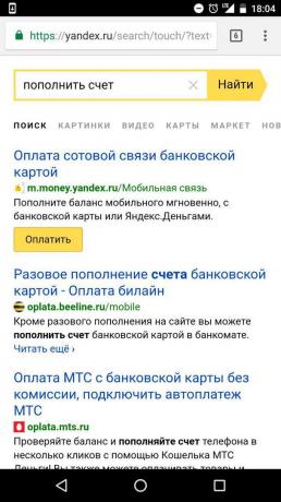 "Yandex": recarga de conta