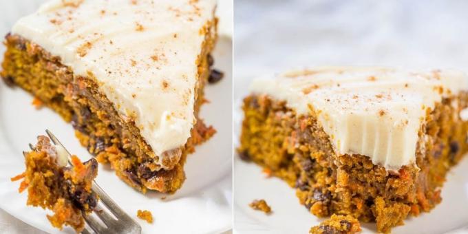 Cenoura e torta de abóbora com passas e creme de manteiga