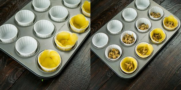 Queques de ovo: coloque o recheio de batata em formas de muffin
