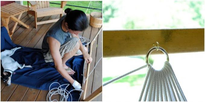 Hammock com suas próprias mãos: Hammock de tecido costurado nas cordas e trilhos