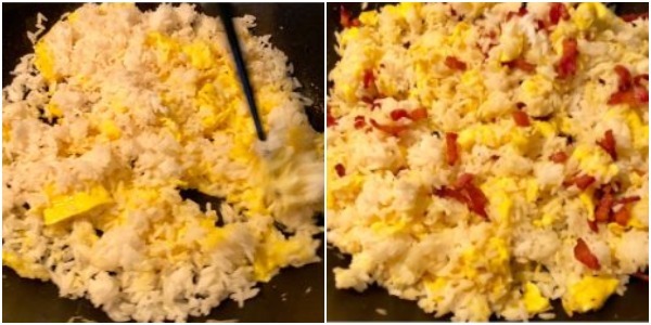 Como cozinhar arroz frito com ovo: Quando o arroz estiver aquecido, adicione o bacon, sal e molho de soja e misture bem