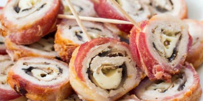 Carne de porco no forno: Rolls de porco envoltos em bacon recheados com cogumelos e queijo
