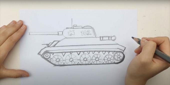 Como desenhar um tanque: desenhe uma trilha e uma metralhadora 