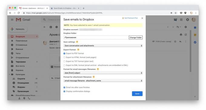 Maneiras para baixar arquivos para Dropbox: copiará a carta inteira pela Save e-mails para Dropbox