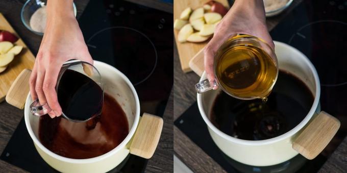Como cozinhar um vinho quente: Em uma panela, despeje o vinho tinto e suco de maçã