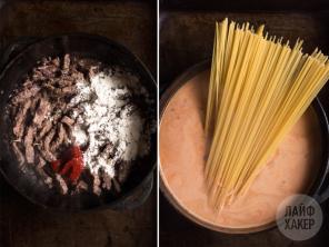 O que cozinhar para o jantar todos os dias: strogonoff de carne com macarrão em uma tigela