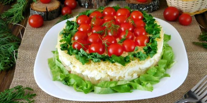 Salada em camadas com frango defumado e tomate cereja
