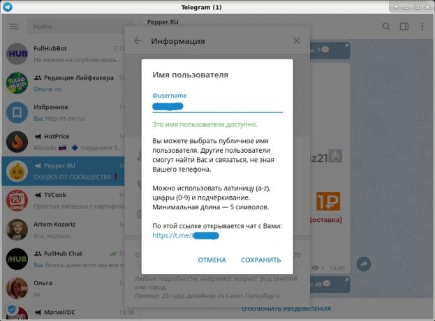 As referências à Telegram: Um link para o seu perfil