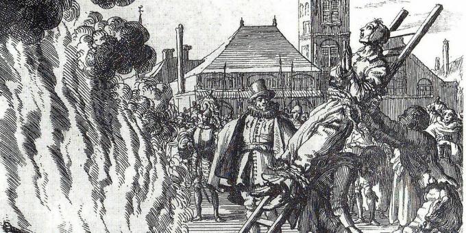 A Inquisição na Idade Média: "A Queima da Anabatista Holandesa do Século XVI Anneken Hendrix, Acusada de Heresia", gravura de Jan Leuken