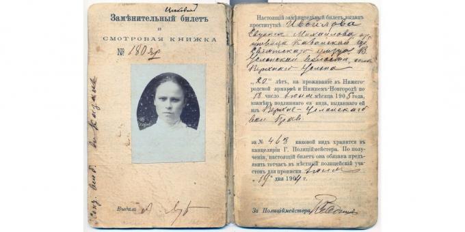 História do Império Russo: certificado de prostituta pelo direito de trabalhar na feira de Nizhny Novgorod 1904-1905.