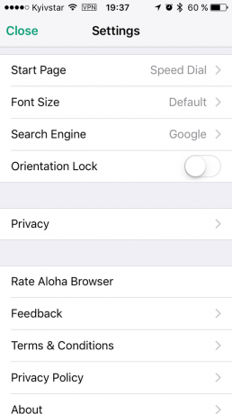 Aloha Browser: Configurações