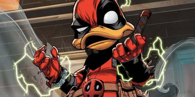 versão inesperada de super-heróis, "Deadpool-duck" - falador e mercenário penas