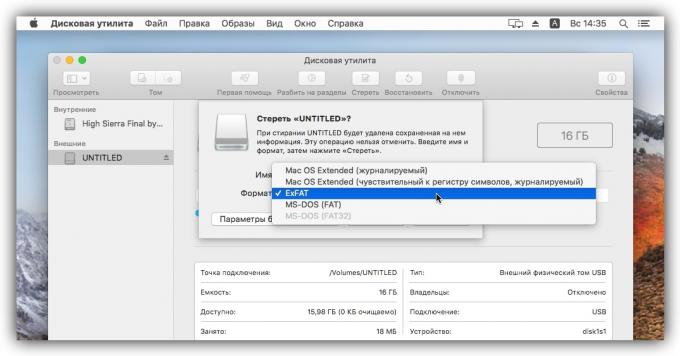 Select exFAT, para a unidade flash é compatível com ambos MacOS e com o Windows
