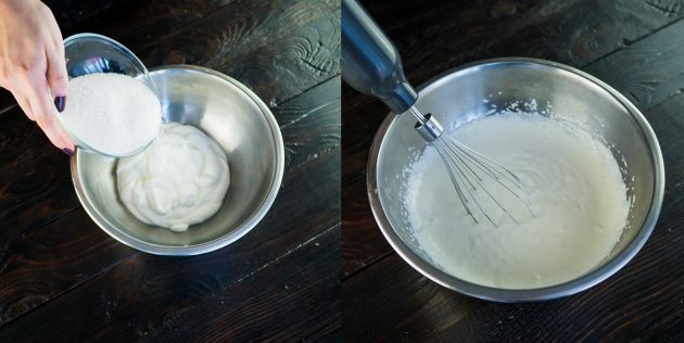 Clássico "Medovik" com creme de leite: misture o creme de leite e o açúcar em uma tigela funda