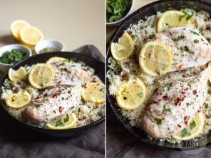 Jantar rápido: Galinha do limão com arroz em uma tigela