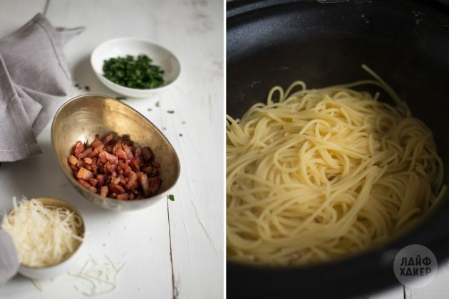 Como fazer macarrão carbonara: refogue o bacon e ferva o espaguete