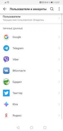 contas seção sobre Android